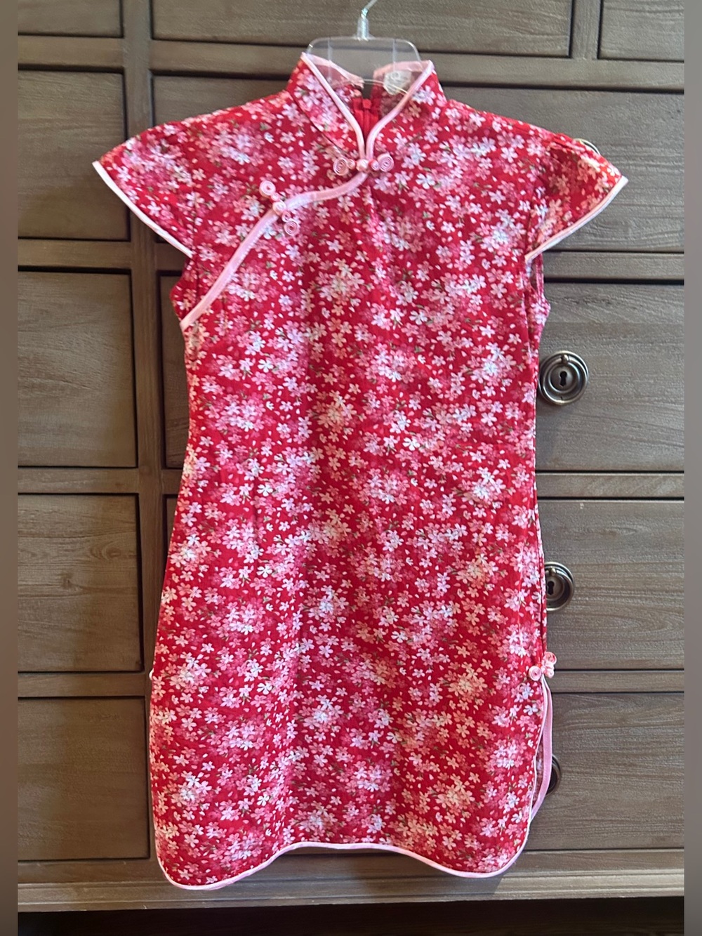 Girl’s Red Floral Cheongsam Dress with Pink Trim | 100% Cotton | Sz 10